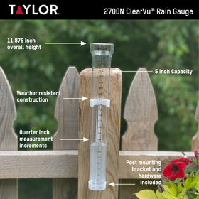 Taylor ClearVu rain gauge face showing clear measurement readings