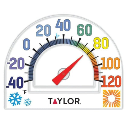 Taylor four-season static cling thermometer on glass with easy-to-read temperature scale