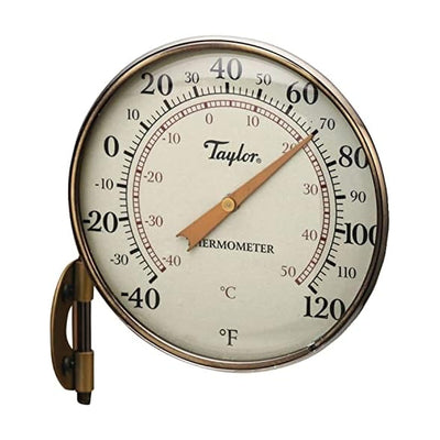 Taylor Heritage metal dial thermometer for patio or garage use with bronze trim