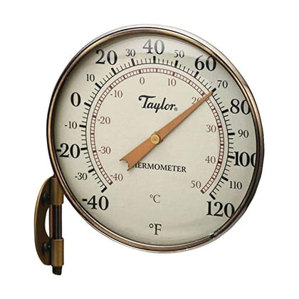 Taylor Heritage metal dial thermometer for patio or garage use with bronze trim