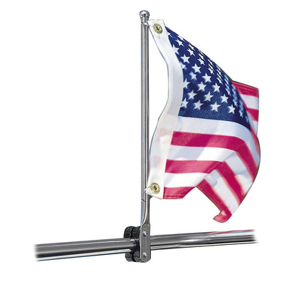 Taylor Made 15in stainless flag pole rail mount provides durable mounting for round rails.