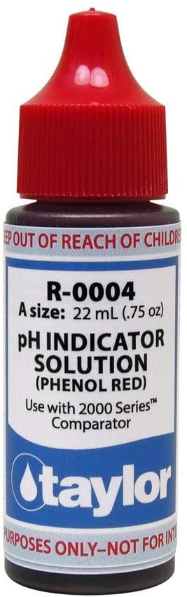 Taylor Phenol Red 2000 Series pH indicator solution bottle demonstrates color change for quick pH testing
