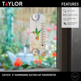 Taylor Rainbow Hummingbird thermometer close-up shows vibrant decorative design.