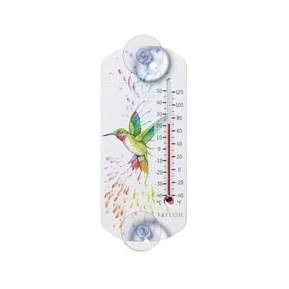 Taylor Rainbow Hummingbird thermometer full view for indoor and outdoor use.