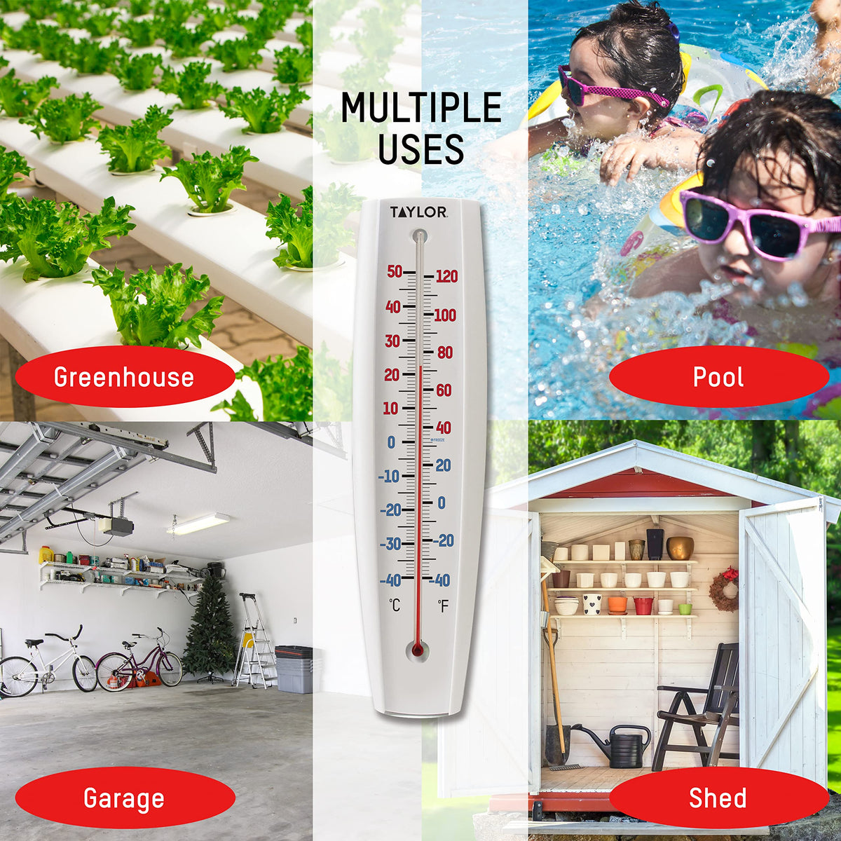 Taylor thermometer range from minus 40 to 120 Fahrenheit for year-round checks.