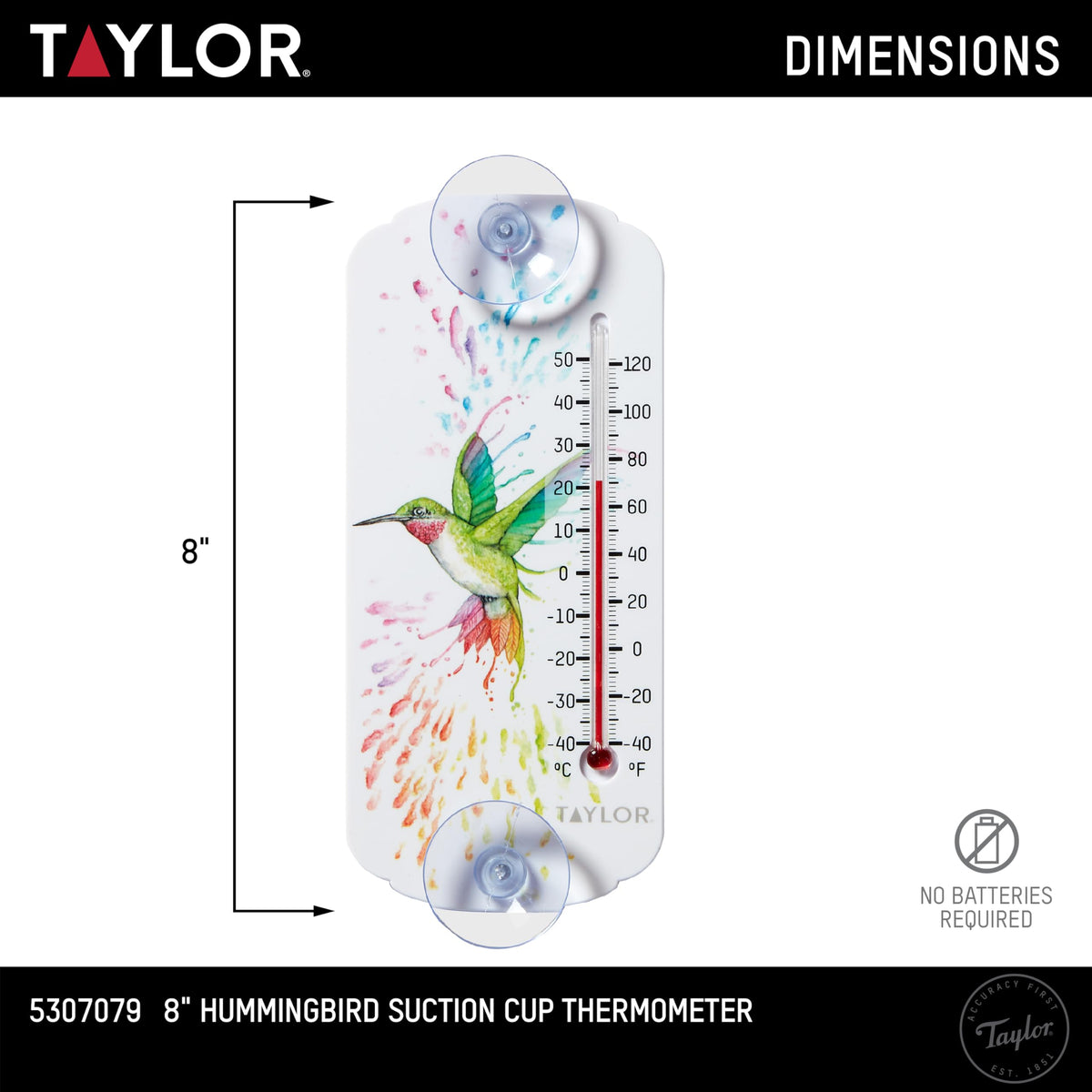 Taylor thermometer with suction cups ready for easy wall or window mounting.