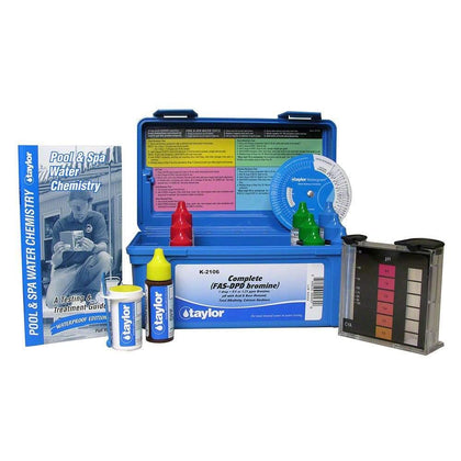 Taylor K-2106 complete test kit displayed on a countertop for quick pool checks