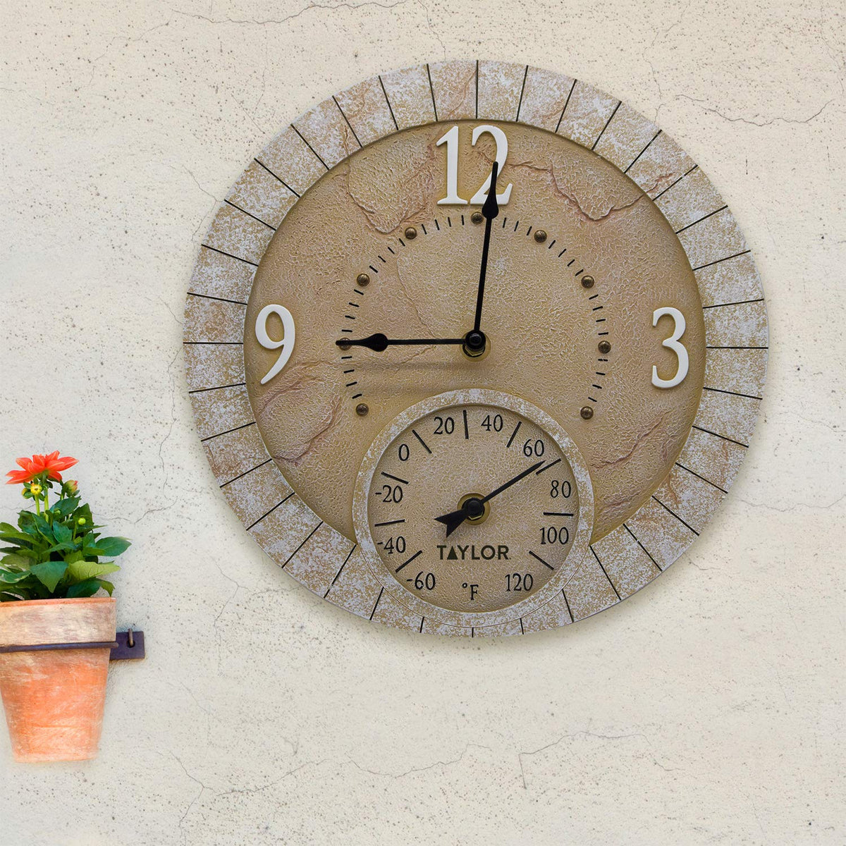 Taylor Terra Cotta 14-inch clock-thermometer making time and temperature easy to read