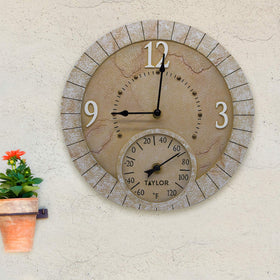 Taylor Terra Cotta 14-inch clock-thermometer making time and temperature easy to read
