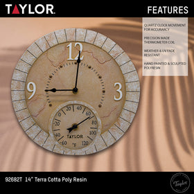 Taylor Terra Cotta hand-painted clock-thermometer adds artisanal charm and functionality
