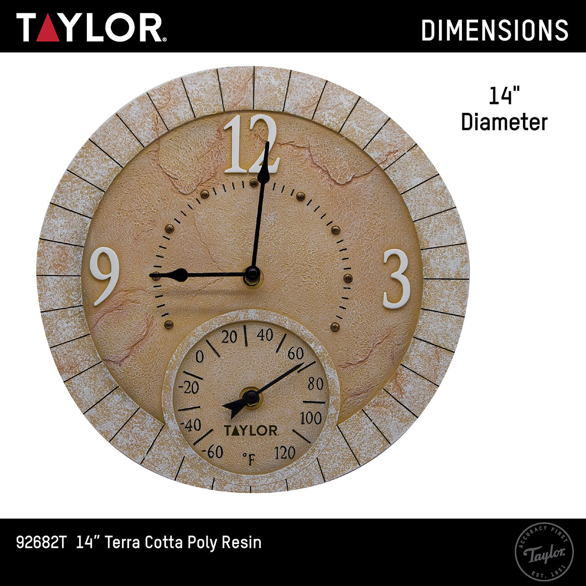 Taylor Terra Cotta indoor clock-thermometer mounted on wall for room temperature context
