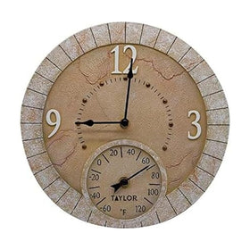 Taylor Terra Cotta clock with thermometer on outdoor patio showing time and temperature
