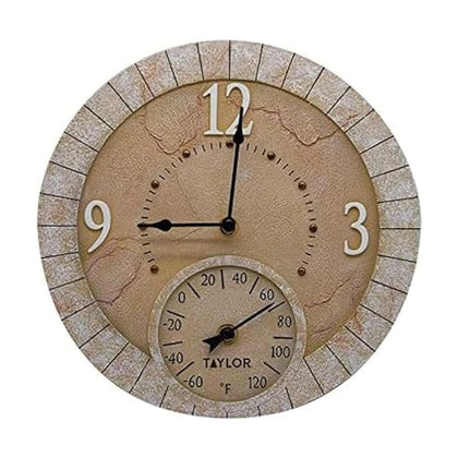 Taylor Terra Cotta clock with thermometer on outdoor patio showing time and temperature