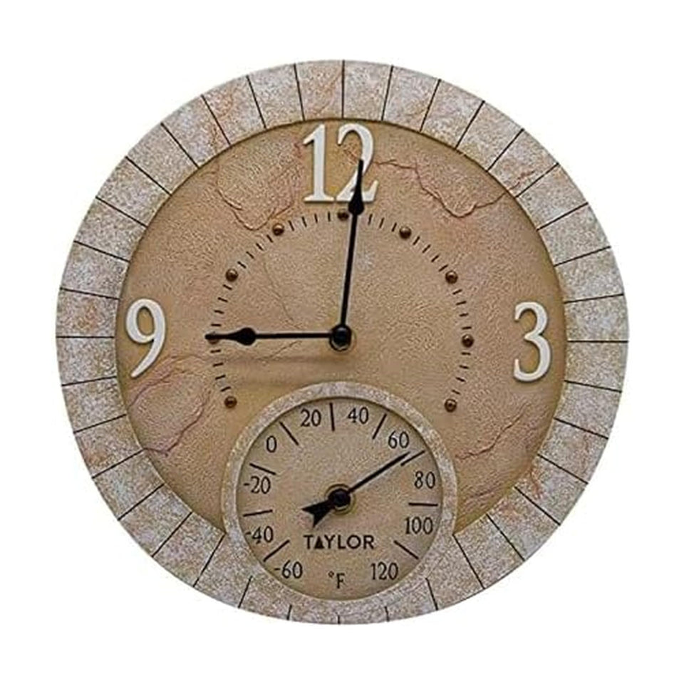 Taylor Terra Cotta clock with thermometer on outdoor patio showing time and temperature