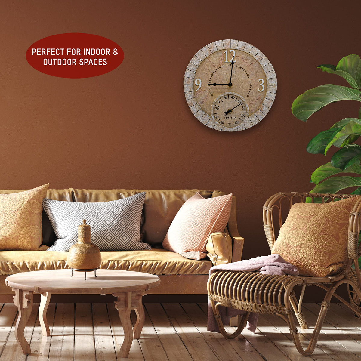 Taylor Terra Cotta weatherproof clock-thermometer withstands sun and rain
