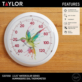 Taylor Rainbow Hummingbird thermometer close-up shows large numbers for easy viewing.