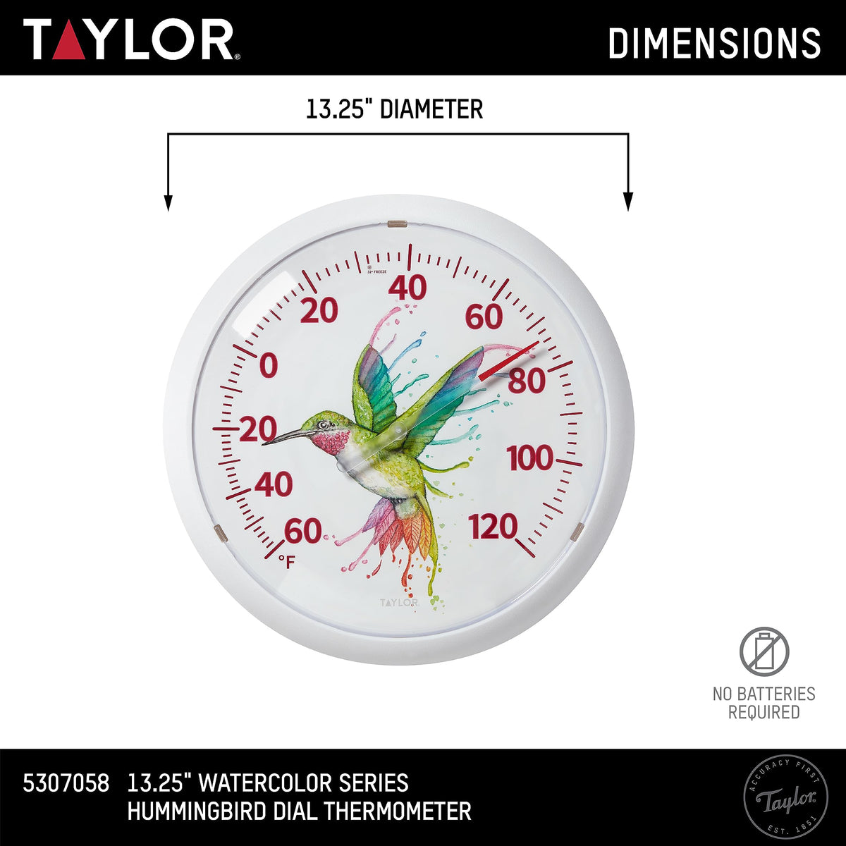 Taylor Rainbow Hummingbird thermometer with UV-resistant graphics for sunny spaces.