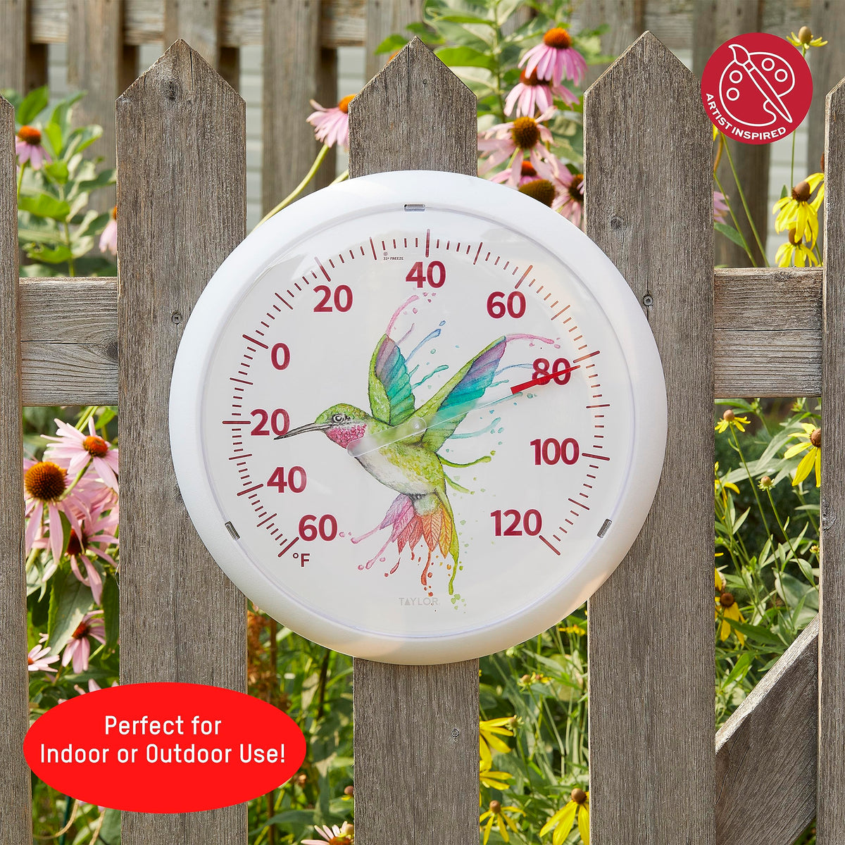 Taylor Rainbow Hummingbird dial thermometer wall-mounted for indoor-outdoor display.