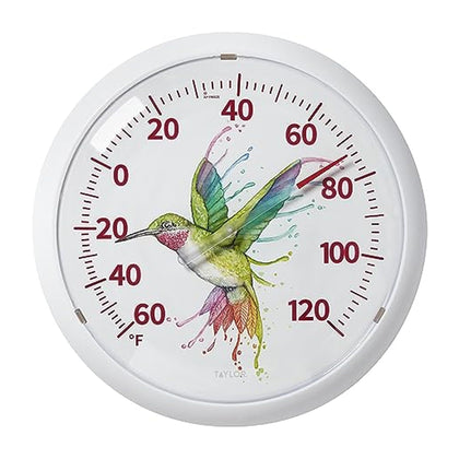 Taylor Rainbow Hummingbird dial thermometer with shatterproof lens for outdoor readings.