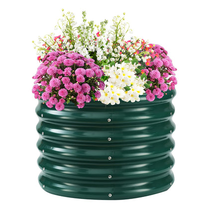 TBMLC 17-inch tall round raised bed exterior in dark green, ideal for vegetables.
