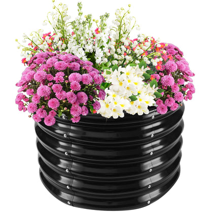 TBMLC elevated round garden bed 17in height showcases durable, rust-resistant steel for outdoor use.