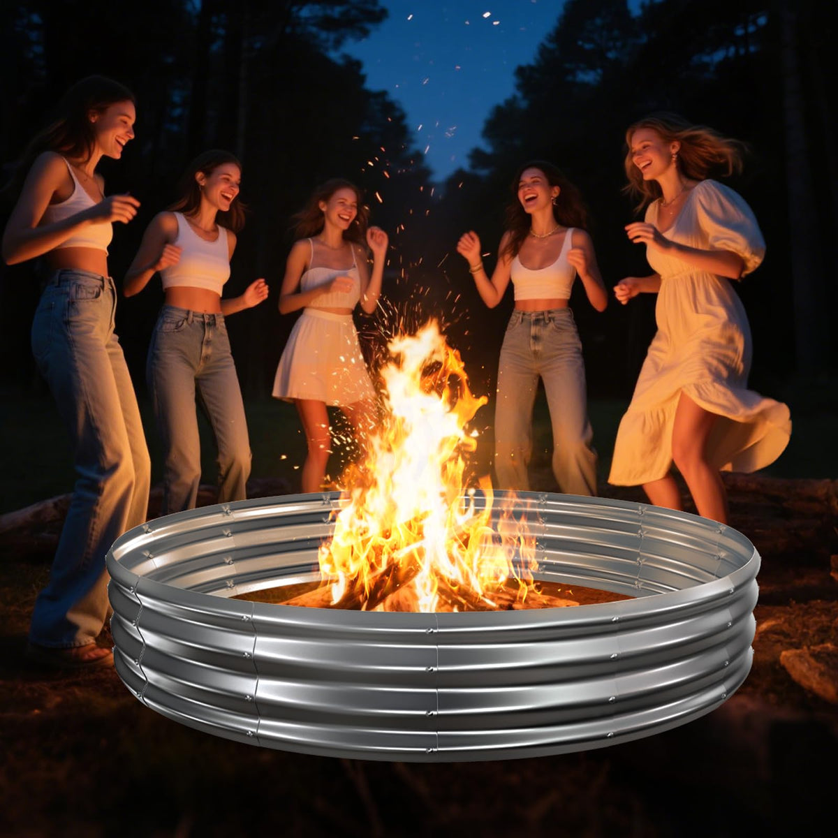 TBMLC camp fire ring close up rugged galvanized finish for backyard safety.