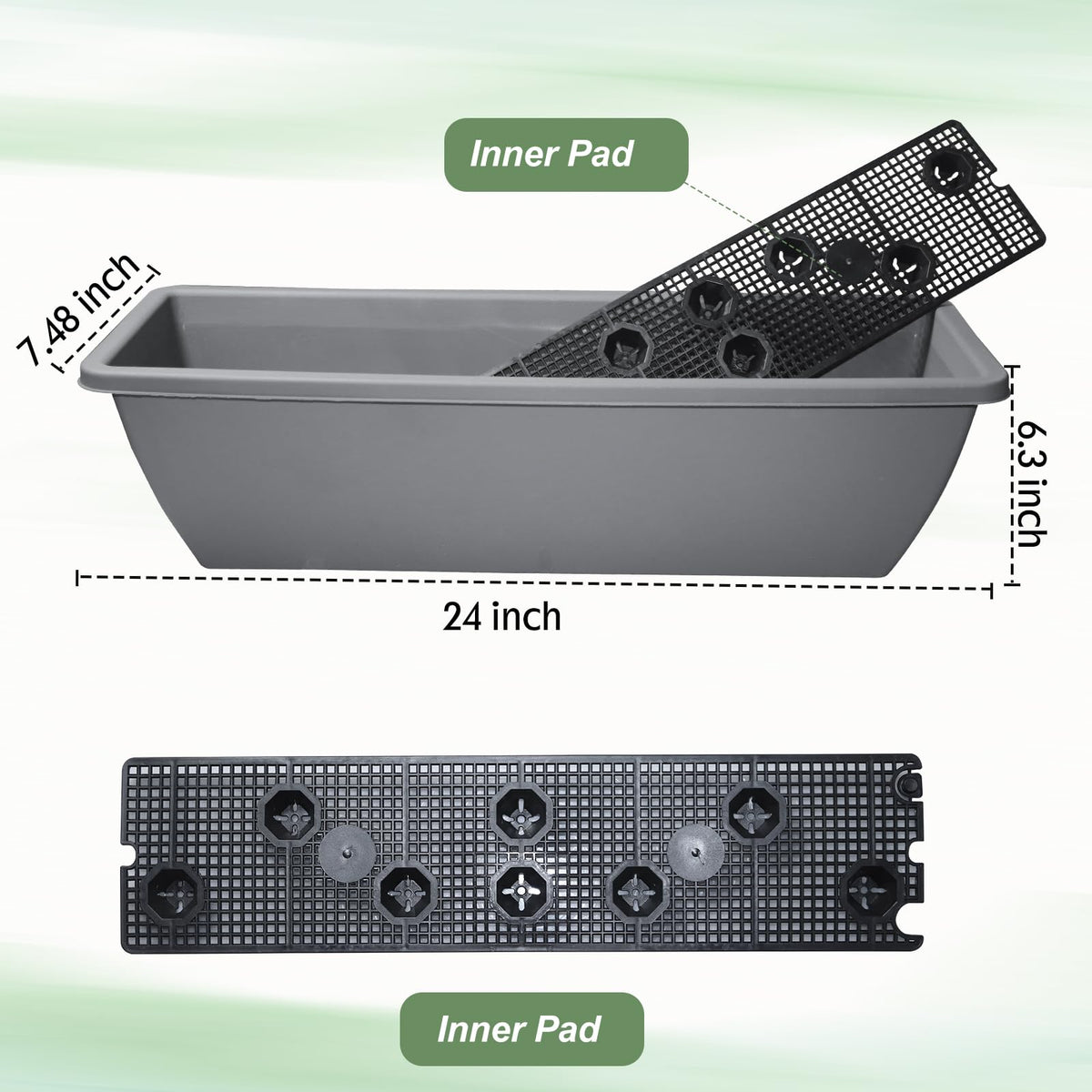 Tcevily front-view window box planter highlighting sturdy plastic construction.