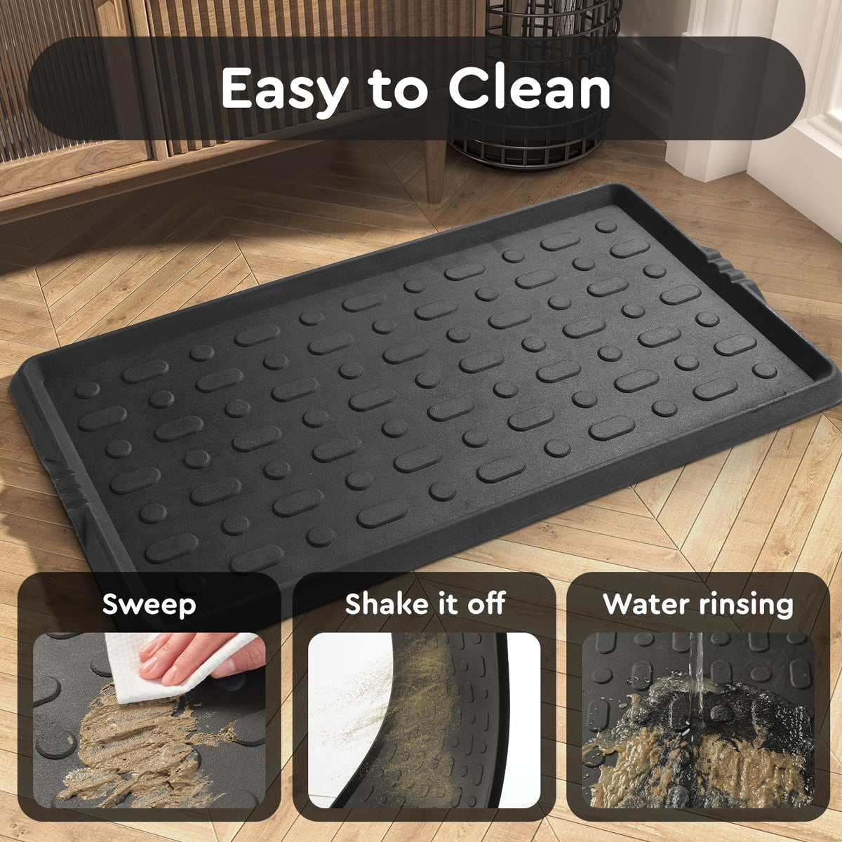 Rolled-up tchdio boot tray fits under beds or in closets