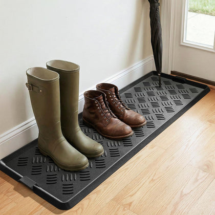 tchdio extra-large boot tray with rubber mat keeps entryways clean and organized.