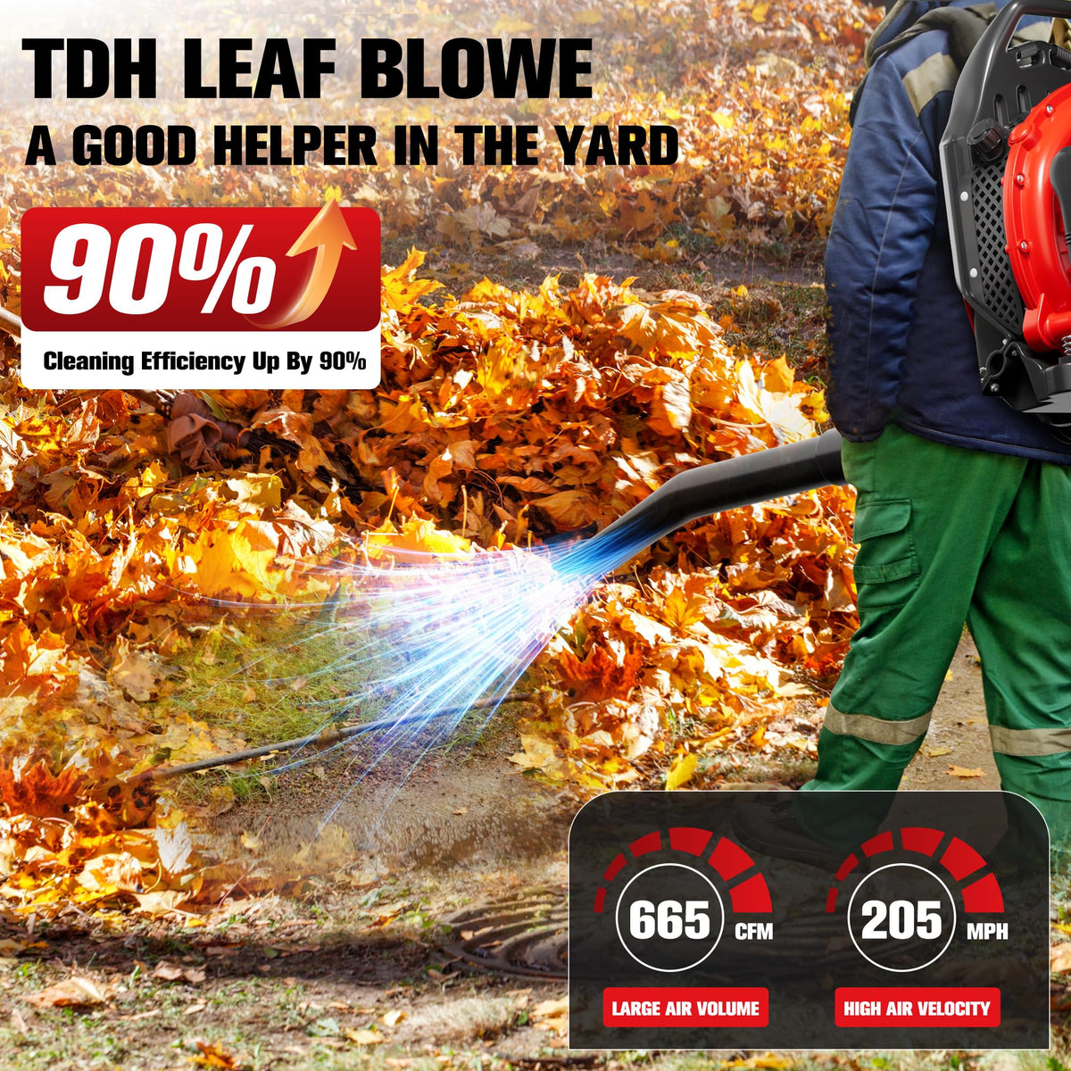 TDH gas backpack leaf blower with 205 mph wind to tackle leaves and light snow