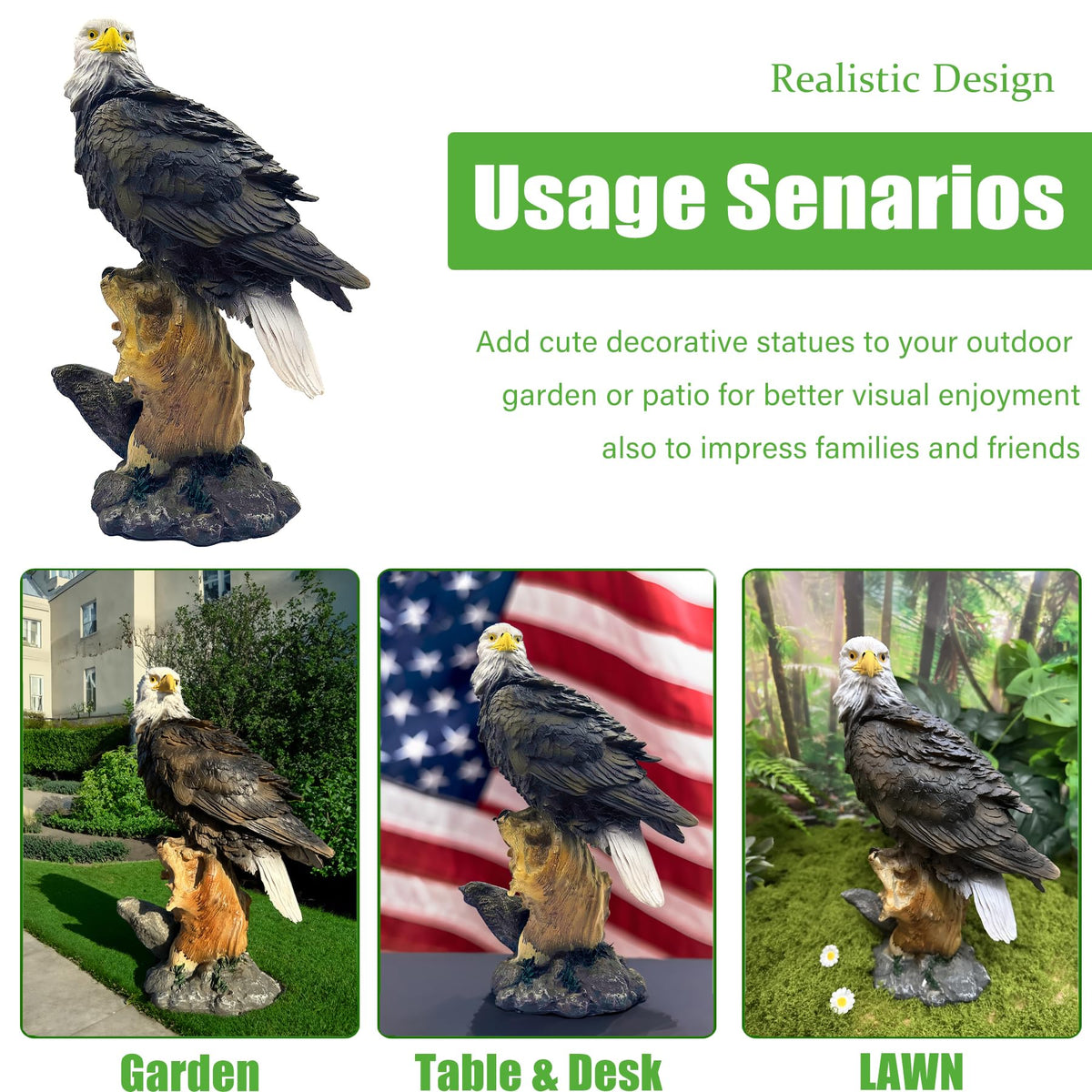 Teaeeno Majestic Eagle statue for garden lawn decor or patio display.