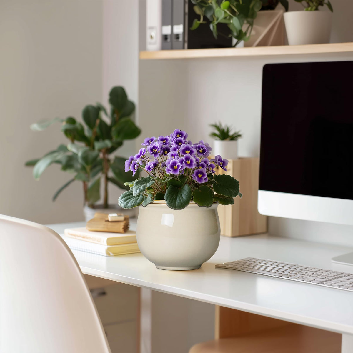 Teagas African violet beige display shows compact blooms on a beige planter.