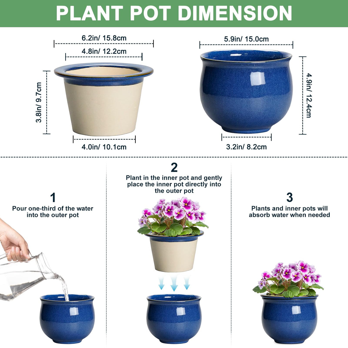 Blue glazed ceramic outer pot enhances indoor decor