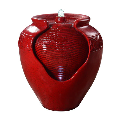 Teamson Home outdoor red glazed pot fountain with top bubbles for tranquil ambience.