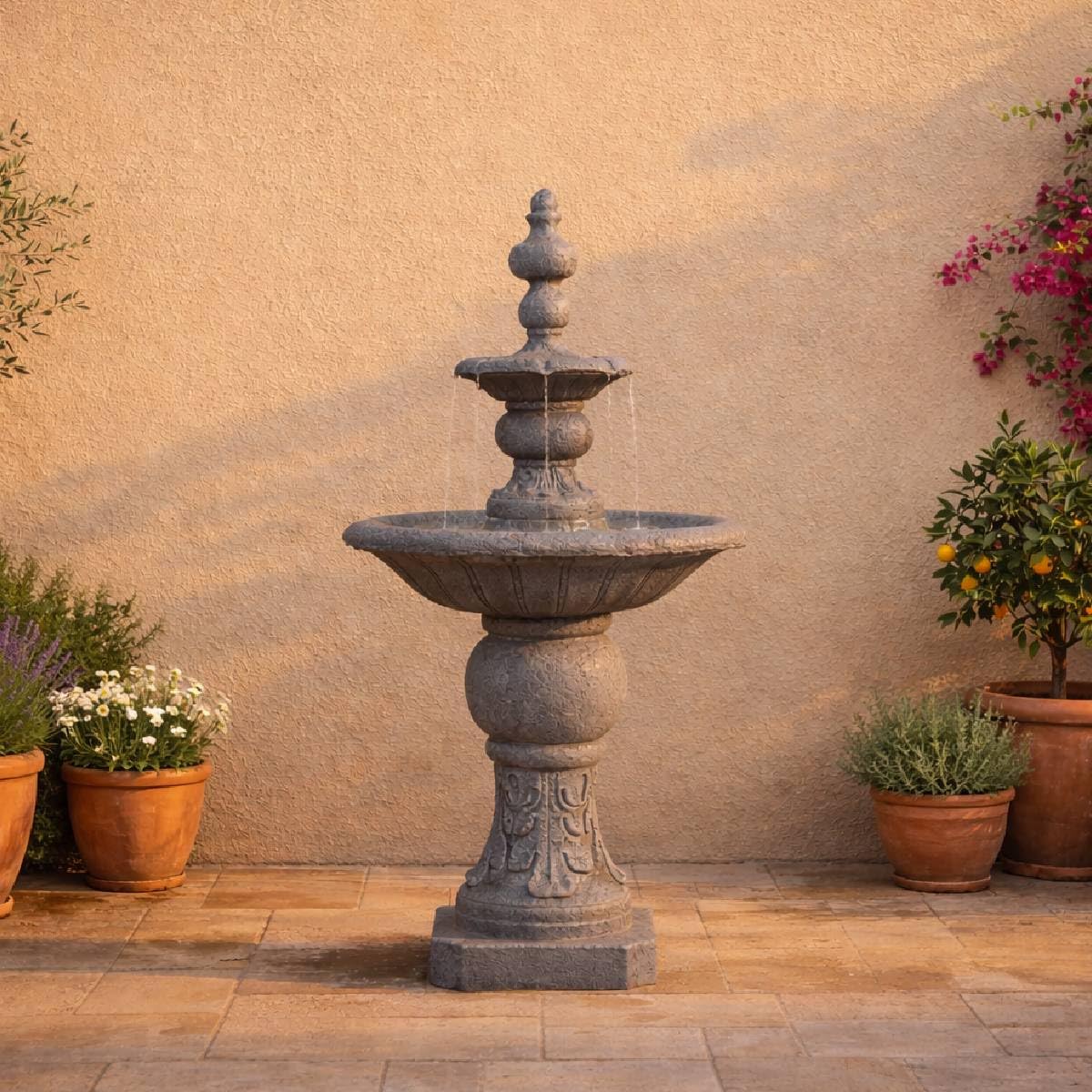 Teamson Home pedestal fountain in gray adds classic elegance to patios and gardens.