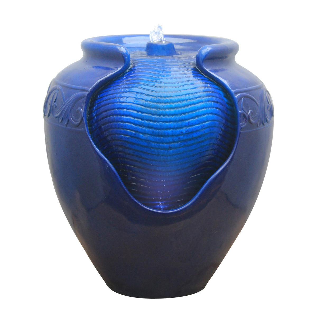 Teamson Home royal blue glazed pot fountain with cascading water for tranquil outdoor spaces