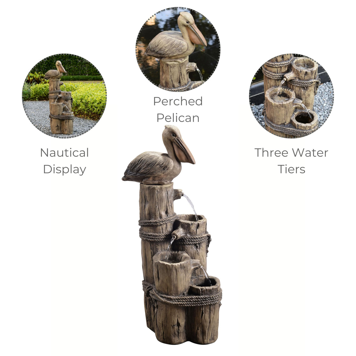 Teamson Home fountain wood-look posts provide rustic texture for garden decor.