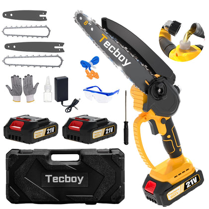 Tecboy 8-inch mini chainsaw ready for efficient wood cutting in the yard