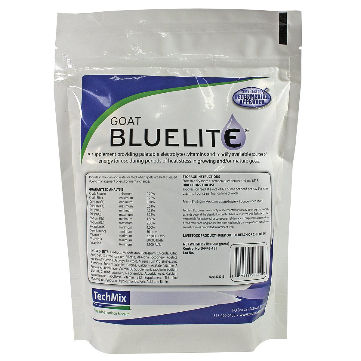 TechMix Bluelite goat powder bag offers hydration support and quick energy for goats.