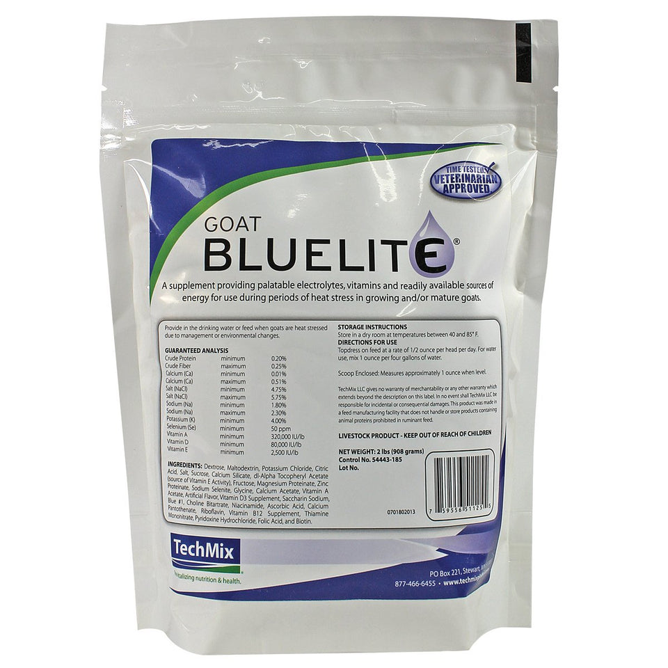 TechMix Bluelite goat powder bag offers hydration support and quick energy for goats.
