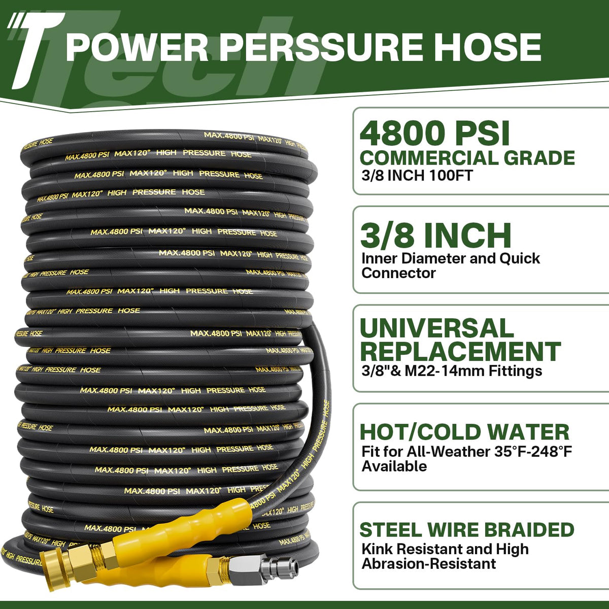 TechSweepPro 50ft steel braided hose resists kinks for long cleaning sessions