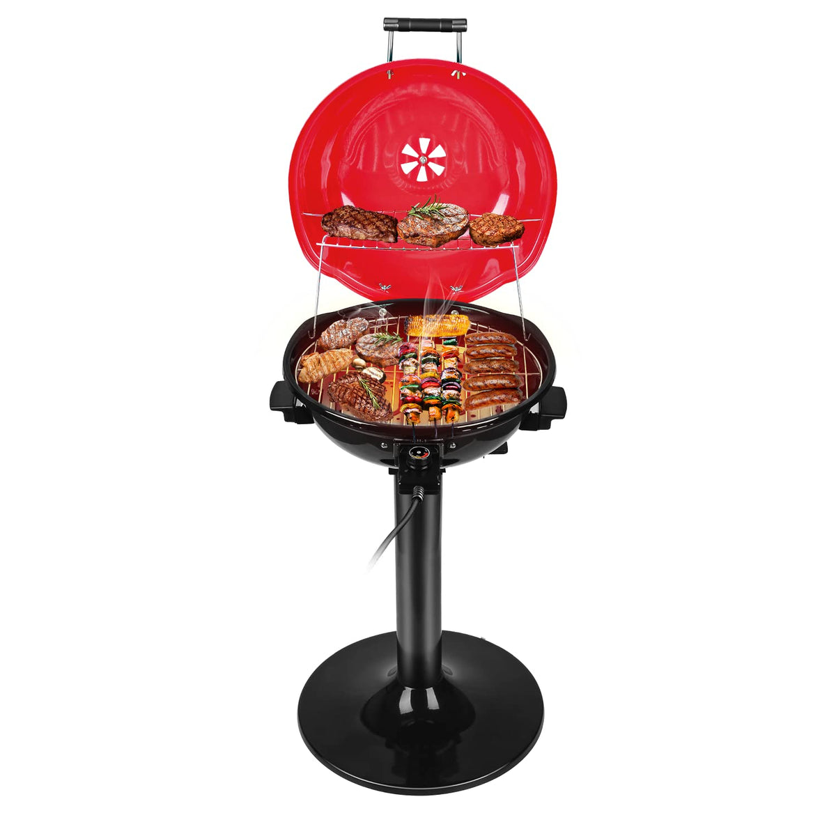 Techwood electric grill on a red stand for versatile indoor and outdoor cooking.
