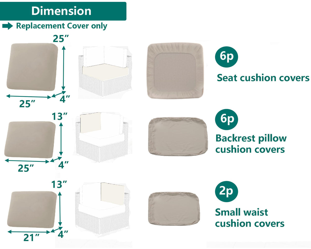 TECOSARA backrest cushion covers in beige, six cushions secured for a neat look.