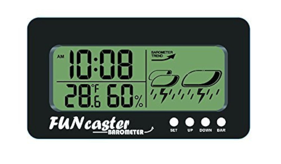 TecScan FUNcaster barometer front view showing time and forecast for quick outdoor planning.