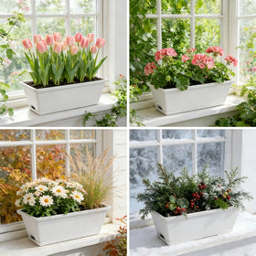 Tectsia light grey window planter enhances indoor or exterior decor.