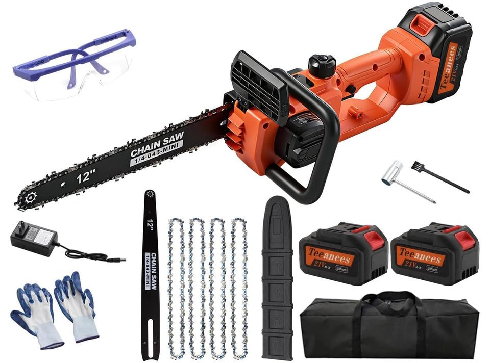TEEANEES 12 inch chainsaw front view highlights a powerful orange tool for quick pruning.