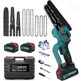TEEANEES 8-inch electric chainsaw with battery kit ready for yard work and cutting tasks