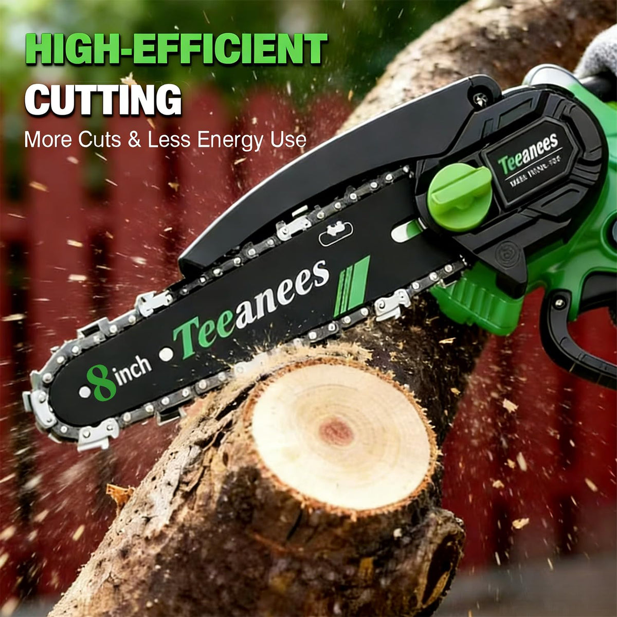 TEEANEES mini chainsaw with 6-inch guide bar for tight spots and precise trimming.