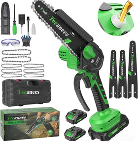 TEEANEES mini chainsaw with 8-inch guide bar for fast pruning and light cutting.