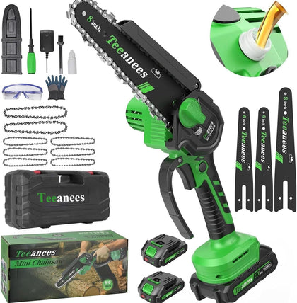TEEANEES mini chainsaw with 8-inch guide bar for fast pruning and light cutting.